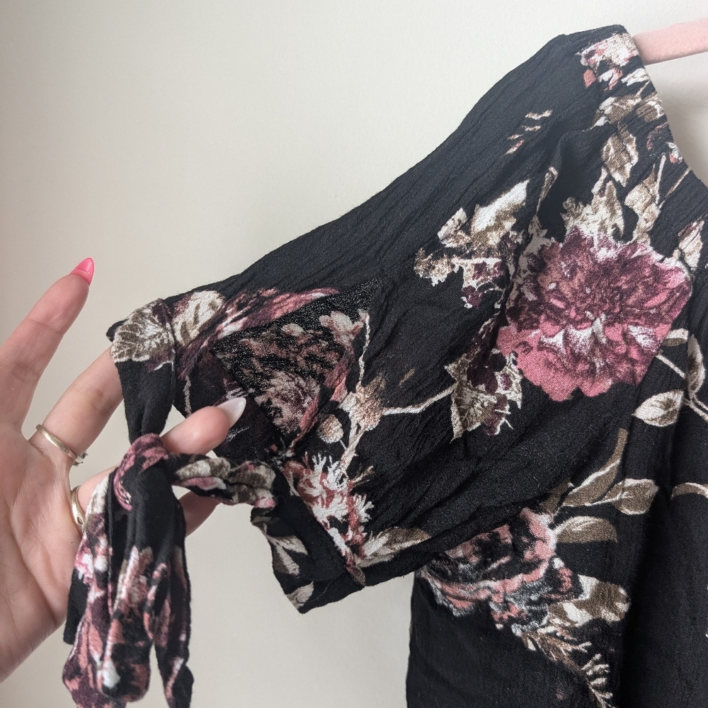 Gypsies & Moondust Black Floral Off-Shoulder Top with Pink Blossoms - Picture 2 of 4